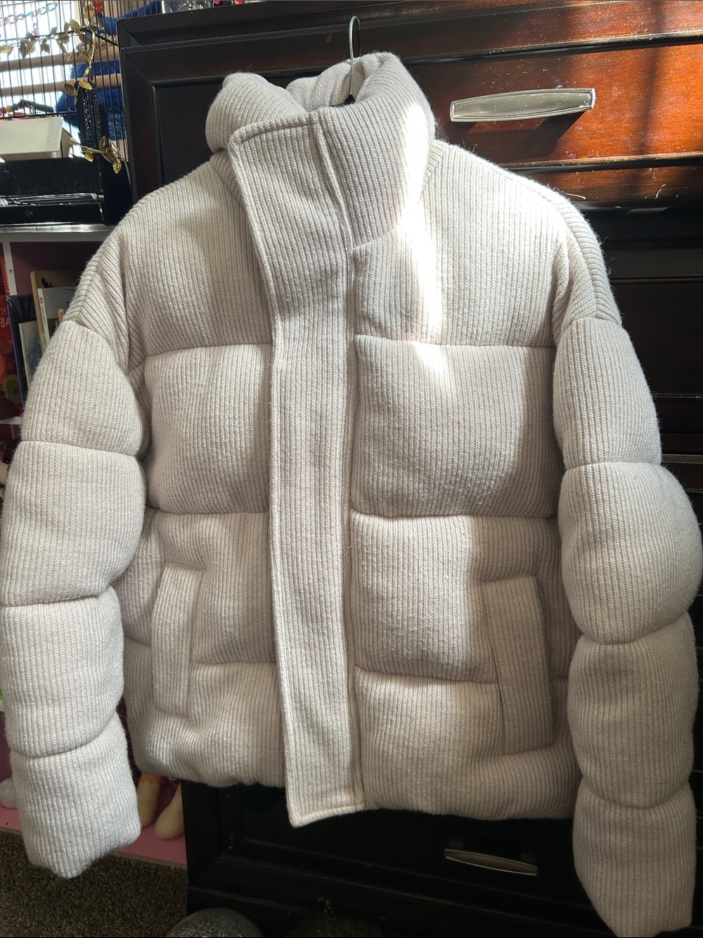 Zara Cream Ribbed Quilted Puffer Jacket